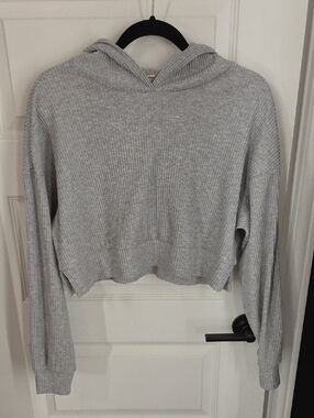 ALO Muse Ribbed Cropped Hoodie in Heather Gray PTP 21 inches